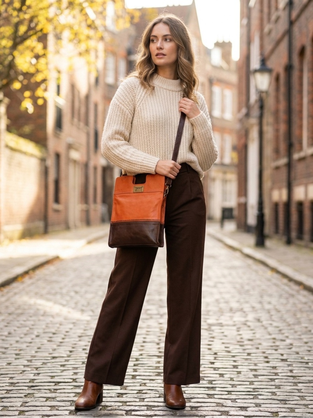 Bali Elf One of a Kind Two-Tone Orange and Brown Leather Shoulder Bag